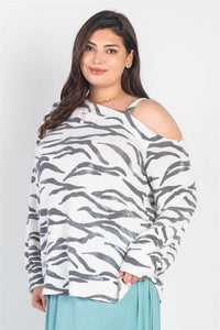 Junior White & Charcoal Zebra Flannel Cold Shoulder Long Sleeve Top