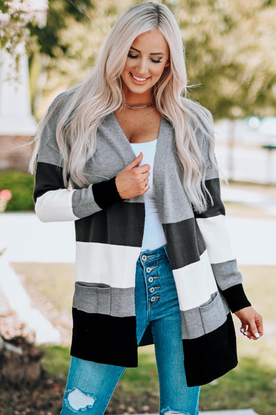 Color Block Open Front Ribbed Cuff Cardigan with Pockets