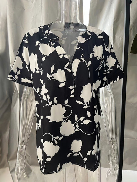 Full Size Printed Notched Short Sleeve Blouse