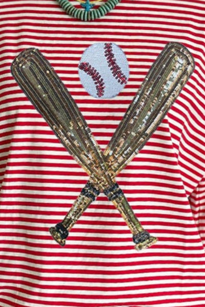 Full Size Baseball & Stripes Round Neck Half Sleeve T-Shirt
