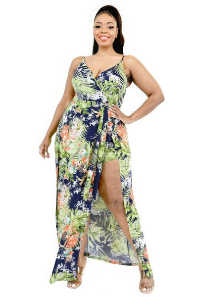 Tropical Leaf Print Surplice Maxi Dress