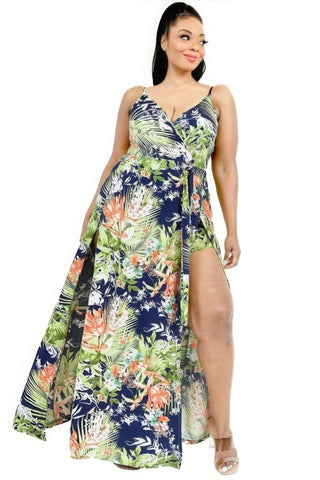 Tropical Leaf Print Surplice Maxi Dress