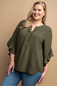 Ruffled Bell Sleeve and Front Pleated Detail Top