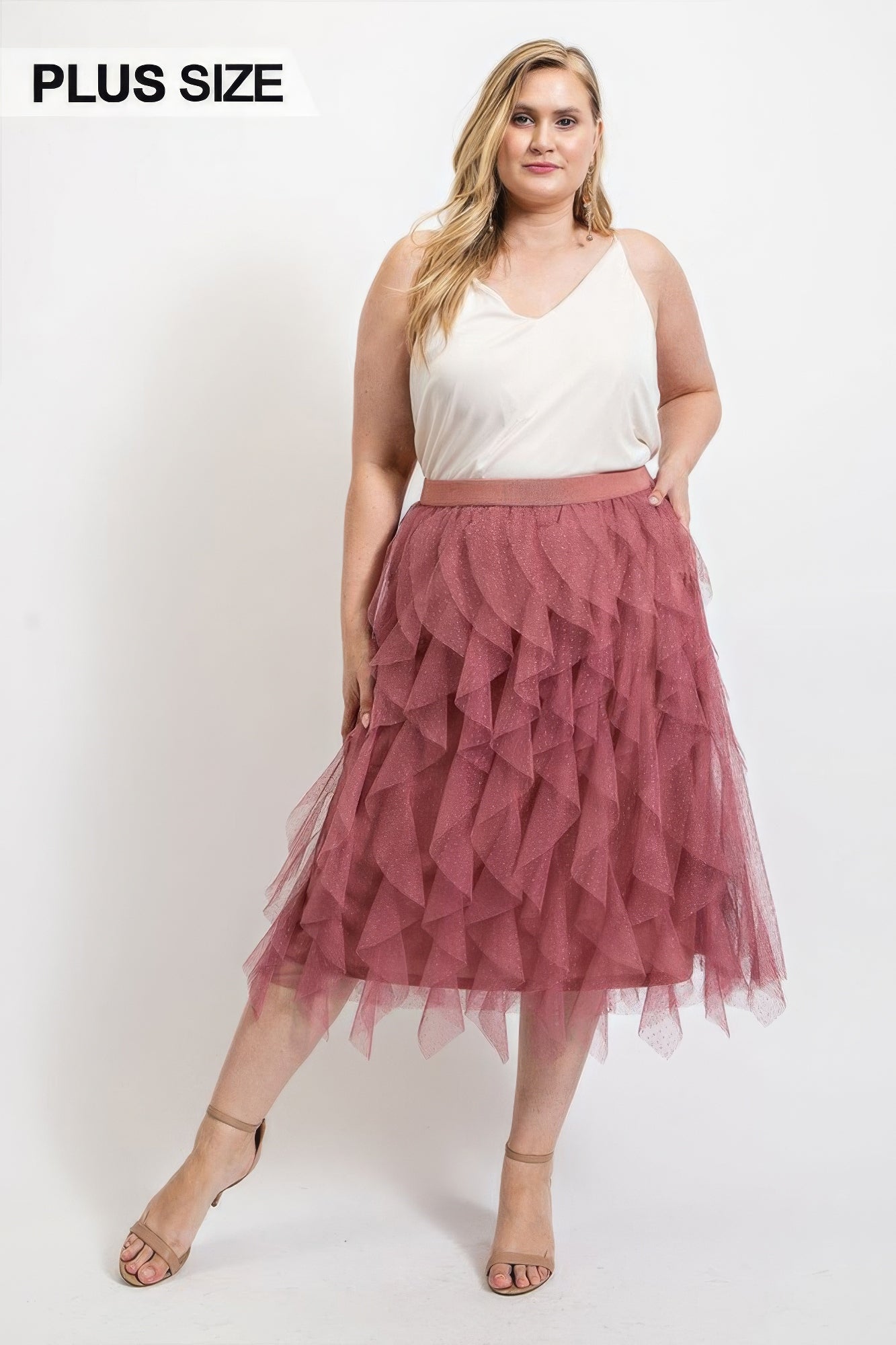 Ruffled Tulle Midi Skirt with Elastic Waist Band