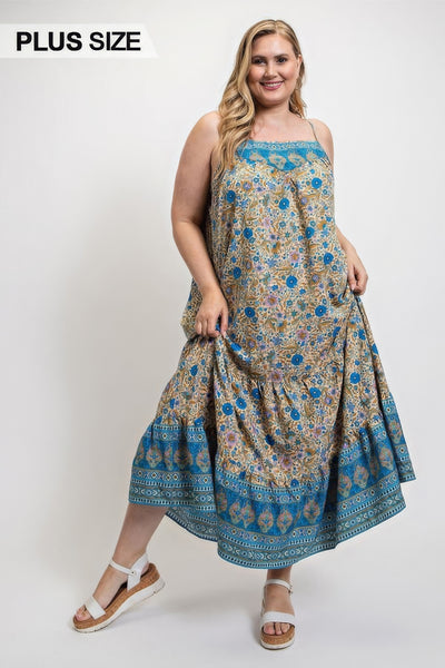 Floral and Aztec Print Drop Down Maxi Dress with Spaghetti Strap