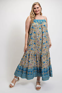 Floral and Aztec Print Drop Down Maxi Dress with Spaghetti Strap