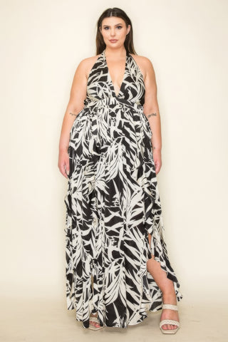 Crinkle Satin Printed Halter Ruffled Detail Smocked Waist Slit Front Maxi Dress