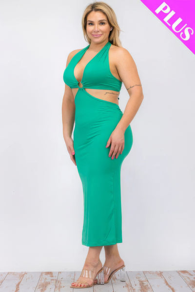 Cut-Out Halter Neck Double Back Tie Split Thigh Midi Dress