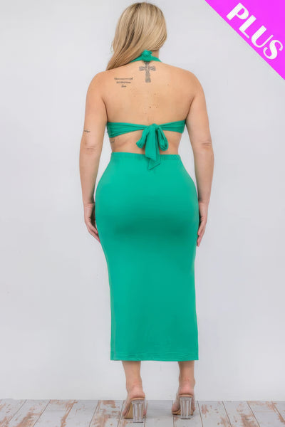 Cut-Out Halter Neck Double Back Tie Split Thigh Midi Dress