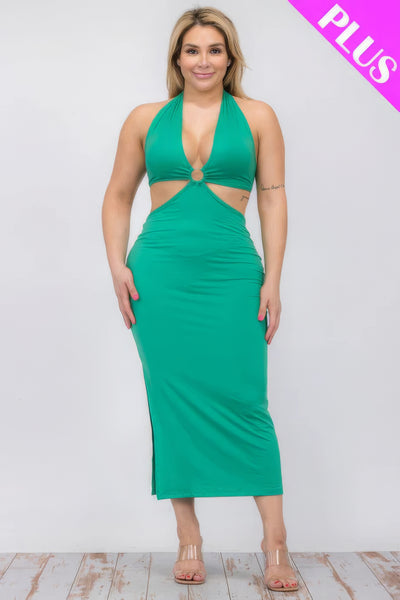 Cut-Out Halter Neck Double Back Tie Split Thigh Midi Dress