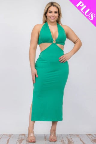 Cut-Out Halter Neck Double Back Tie Split Thigh Midi Dress