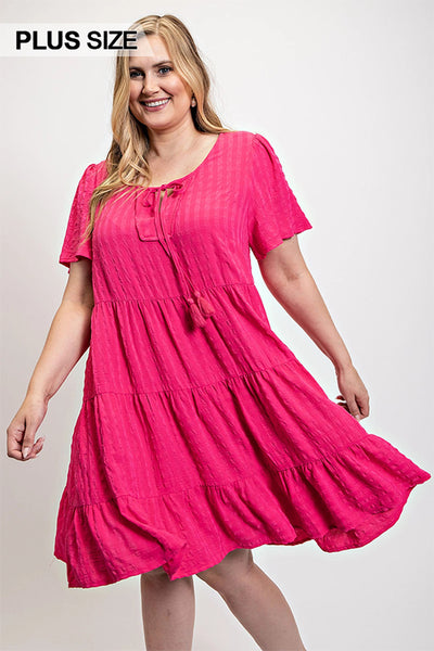 Textured Woven Tiered Dress with Tassel Tie and Pockets