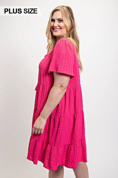 Textured Woven Tiered Dress with Tassel Tie and Pockets
