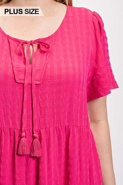 Textured Woven Tiered Dress with Tassel Tie and Pockets