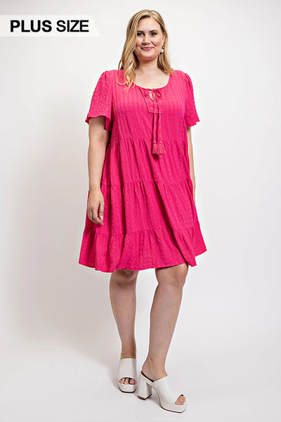 Textured Woven Tiered Dress with Tassel Tie and Pockets