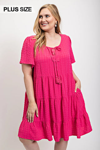 Textured Woven Tiered Dress with Tassel Tie and Pockets
