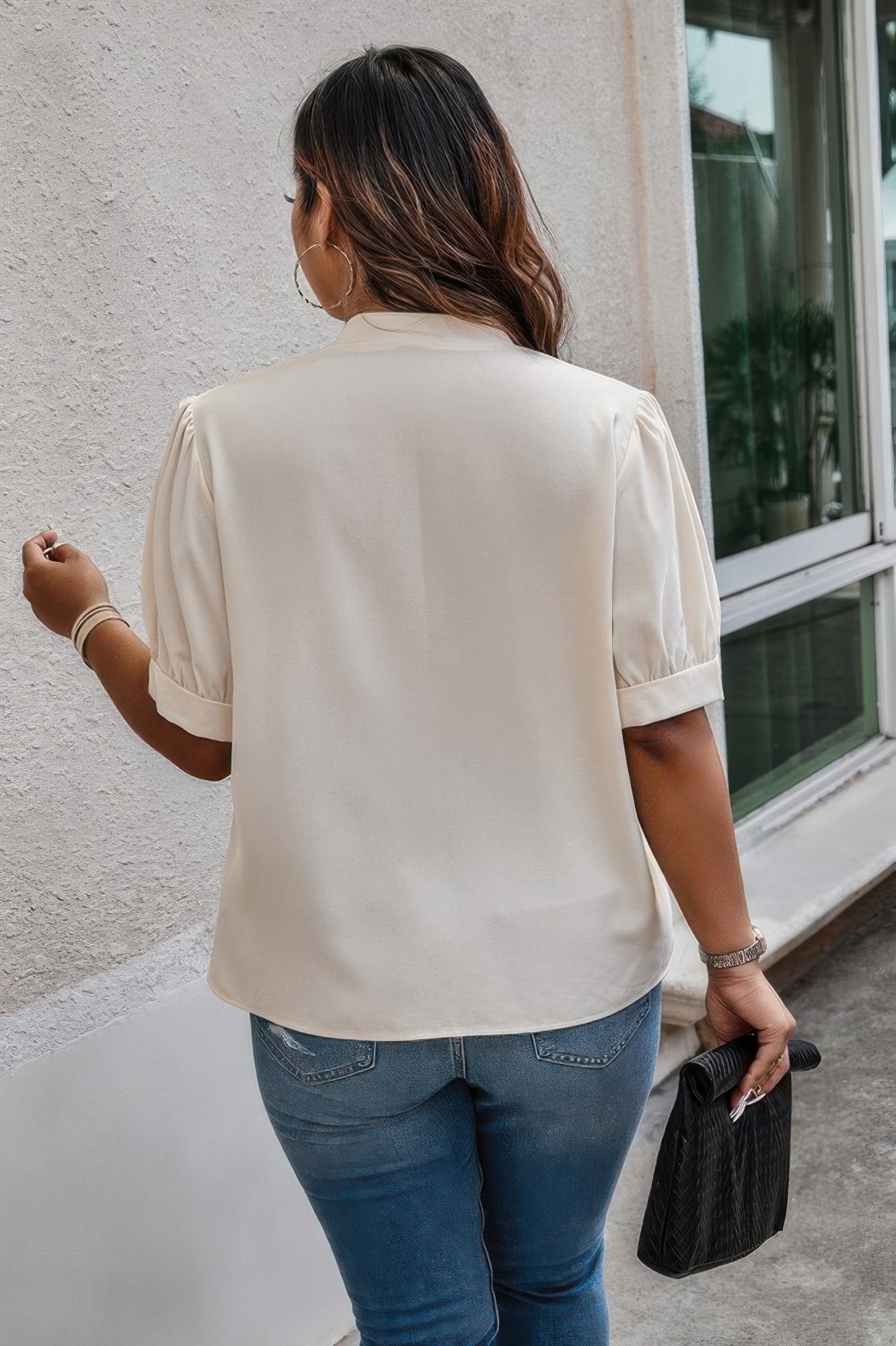 Plus Size Cross Neck Puff Sleeves Solid Button Top