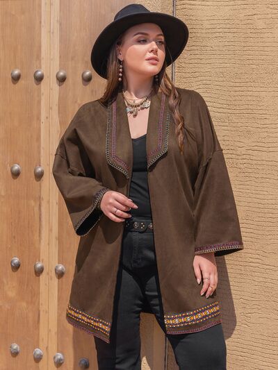 Plus Size Embroidered Open Front Dropped Shoulder Jacket