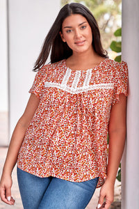 Plus Size Floral Lace Trim Round Neck Blouse