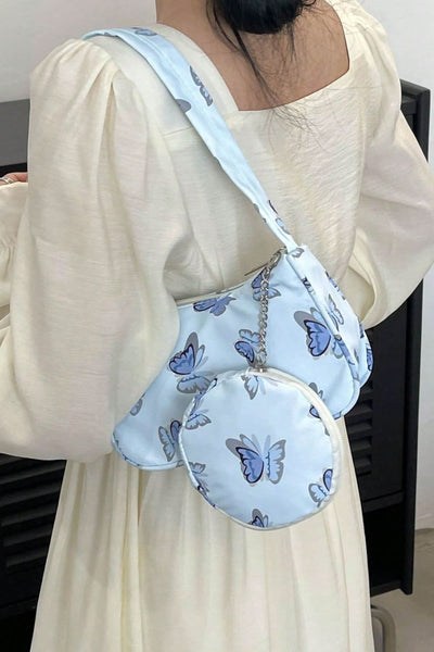 Butterfly Print Shoulder Bag with Purse