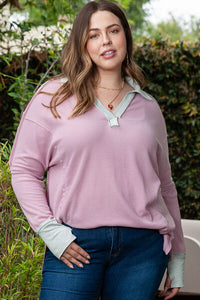Plus Size Exposed Seam Johnny Collar Long Sleeve T-Shirt