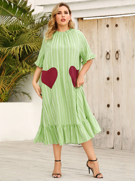 Plus Size Frill Heart Striped Half Sleeve Dress