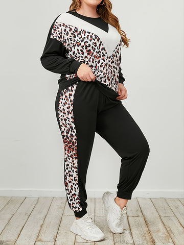 Plus Size Leopard Sweatshirt and Sweatpants Set