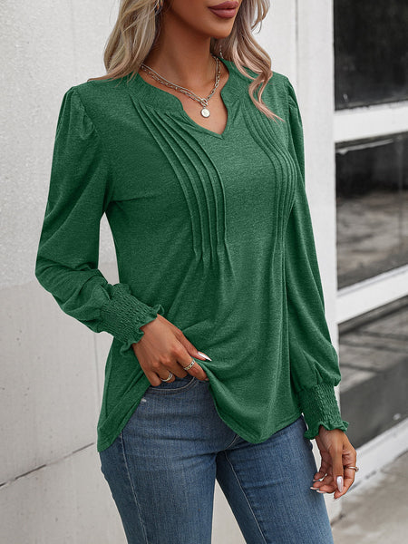Ruched Notched Neck Puff Sleeve Smocked Wrist Blouse