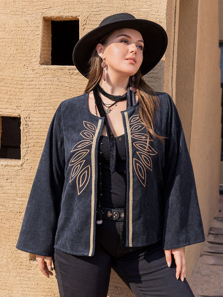 Plus Size Embroidered Open Front Jacket