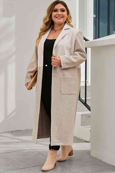 Plus Size Collared Neck Buttoned Longline Coat