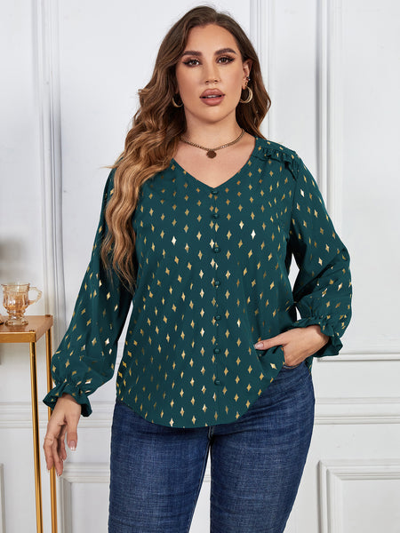 Plus Size Printed Frill Trim Flounce Sleeve Blouse