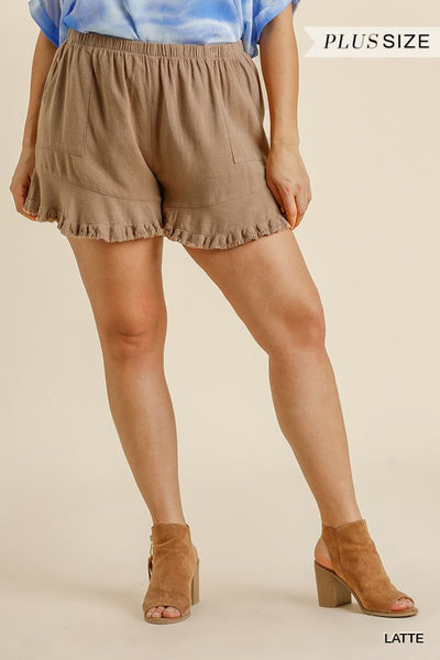 Linen Blend Elastic Waist Ruffle Hem Shorts with Pockets - FabulousFixx