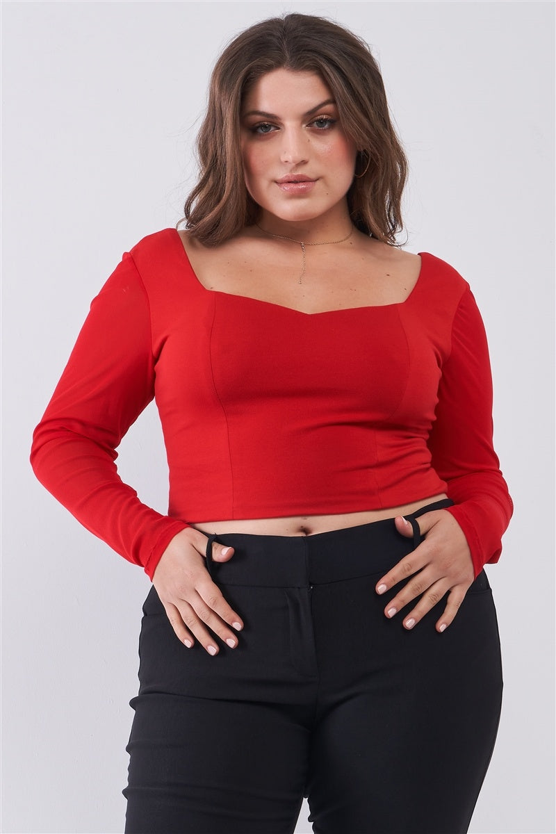 Crimson Red Long Mesh Sleeve Sweetheart Neck Detail Structured Crop Top - FabulousFixx