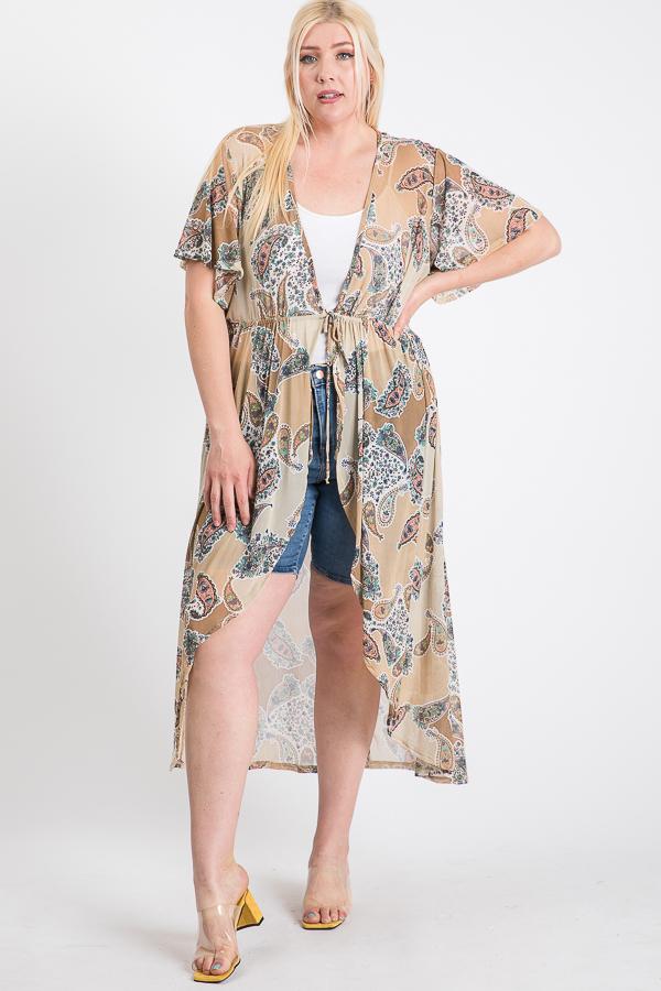 Short Sleeves Long-Line Printed Mesh Open Cardigan - FabulousFixx