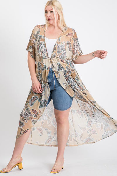 Short Sleeves Long-Line Printed Mesh Open Cardigan - FabulousFixx