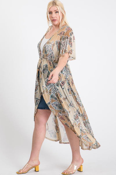 Short Sleeves Long-Line Printed Mesh Open Cardigan - FabulousFixx