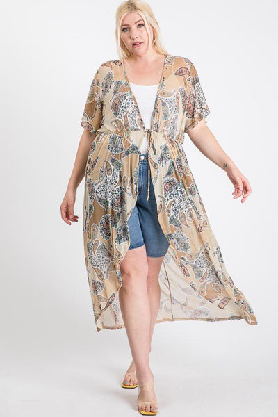 Short Sleeves Long-Line Printed Mesh Open Cardigan - FabulousFixx
