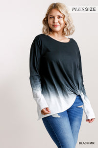 Junior Ombre Print Long Sleeve Top with Gathered Front Detail and Raw Hem - FabulousFixx