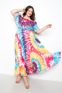 Tie Dye Off Shoulder Pleated Maxi Dress - FabulousFixx
