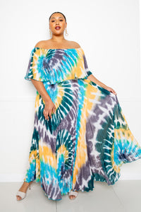 Tie Dye Off Shoulder Pleated Maxi Dress - FabulousFixx