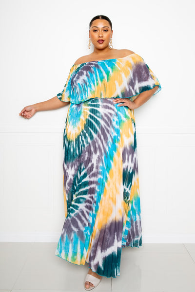 Tie Dye Off Shoulder Pleated Maxi Dress - FabulousFixx