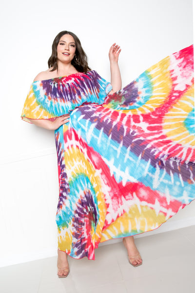 Tie Dye Off Shoulder Pleated Maxi Dress - FabulousFixx