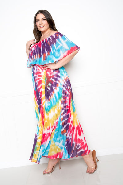 Tie Dye Off Shoulder Pleated Maxi Dress - FabulousFixx