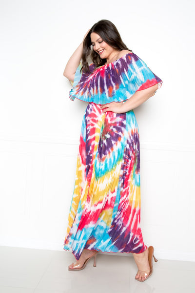 Tie Dye Off Shoulder Pleated Maxi Dress - FabulousFixx