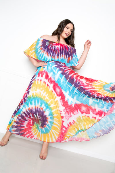 Tie Dye Off Shoulder Pleated Maxi Dress - FabulousFixx