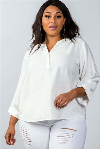 Oatmeal Stand-Up Collar Roll Tab Sleeve Blouse - FabulousFixx