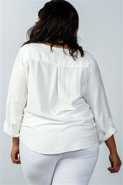 Oatmeal Stand-Up Collar Roll Tab Sleeve Blouse - FabulousFixx