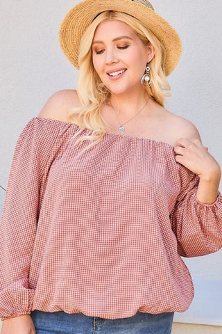 Off Shoulder Long Bubble Sleeve Plaid Top - FabulousFixx