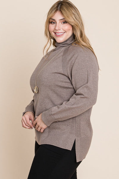 High Quality Buttery Soft Solid Knit Turtleneck Two Tone High Low Hem Sweater - FabulousFixx