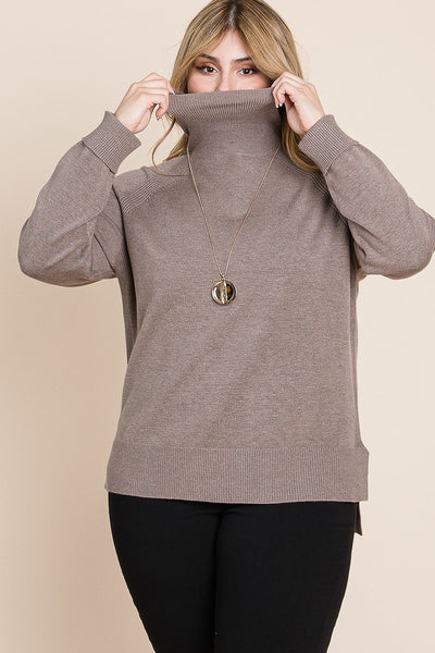 High Quality Buttery Soft Solid Knit Turtleneck Two Tone High Low Hem Sweater - FabulousFixx